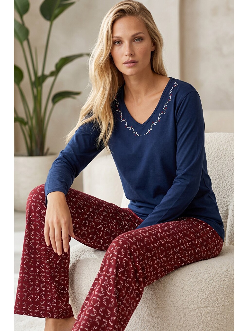 Lacivert Pamuklu Elastanlı Örme Pijama Takım26240294