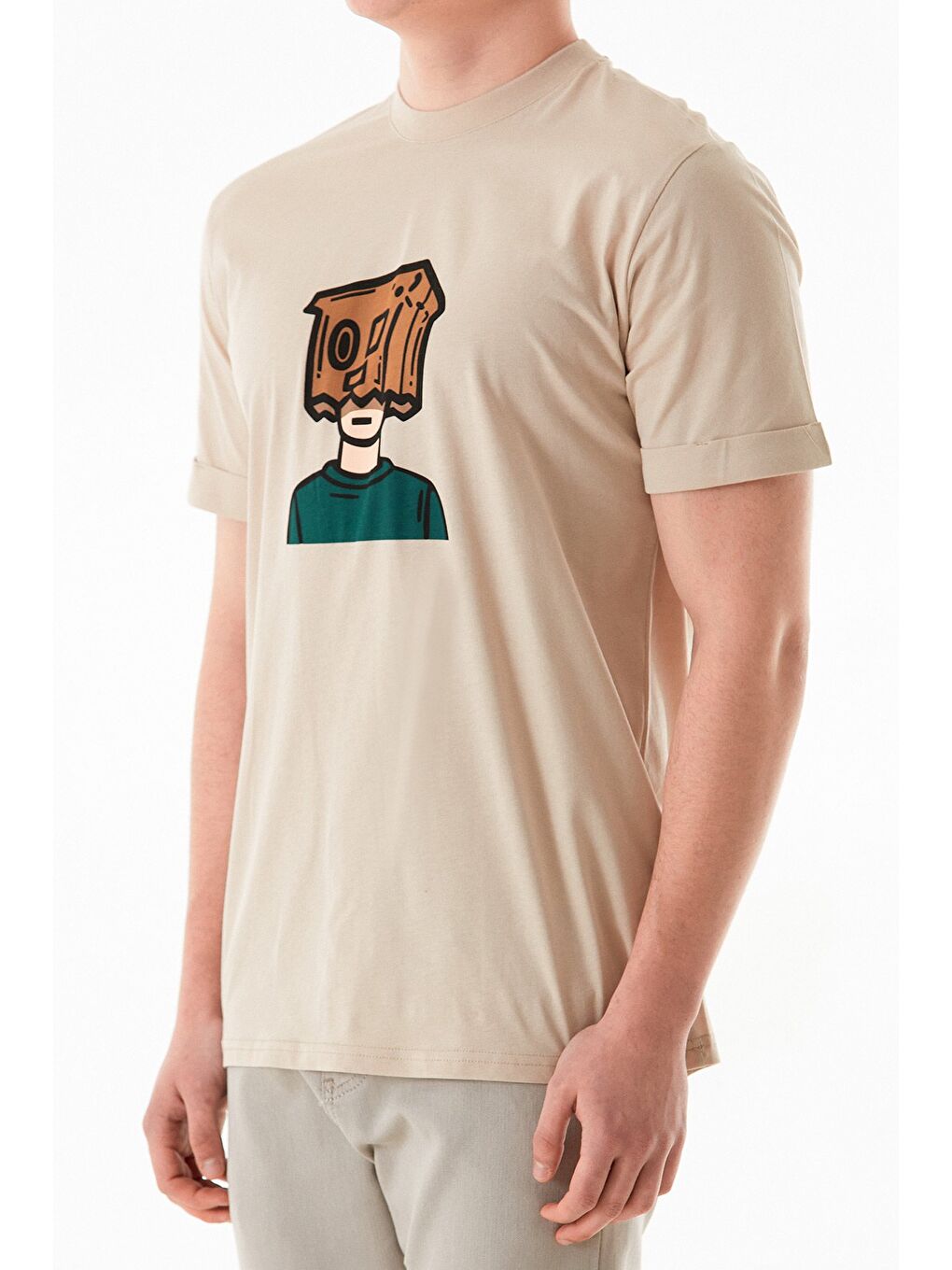 Bej Baskılı %100 Pamuk Erkek Tişört-4