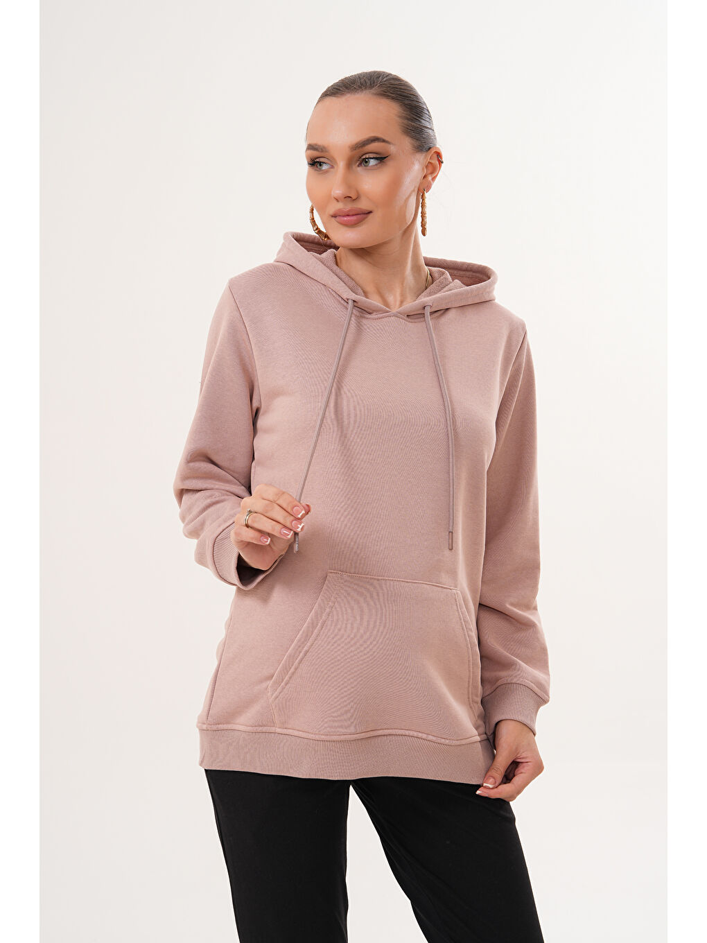Pembe %100 Pamuk Hamile ve Lohusa Basic Kapüşonlu Sweatshirt-2
