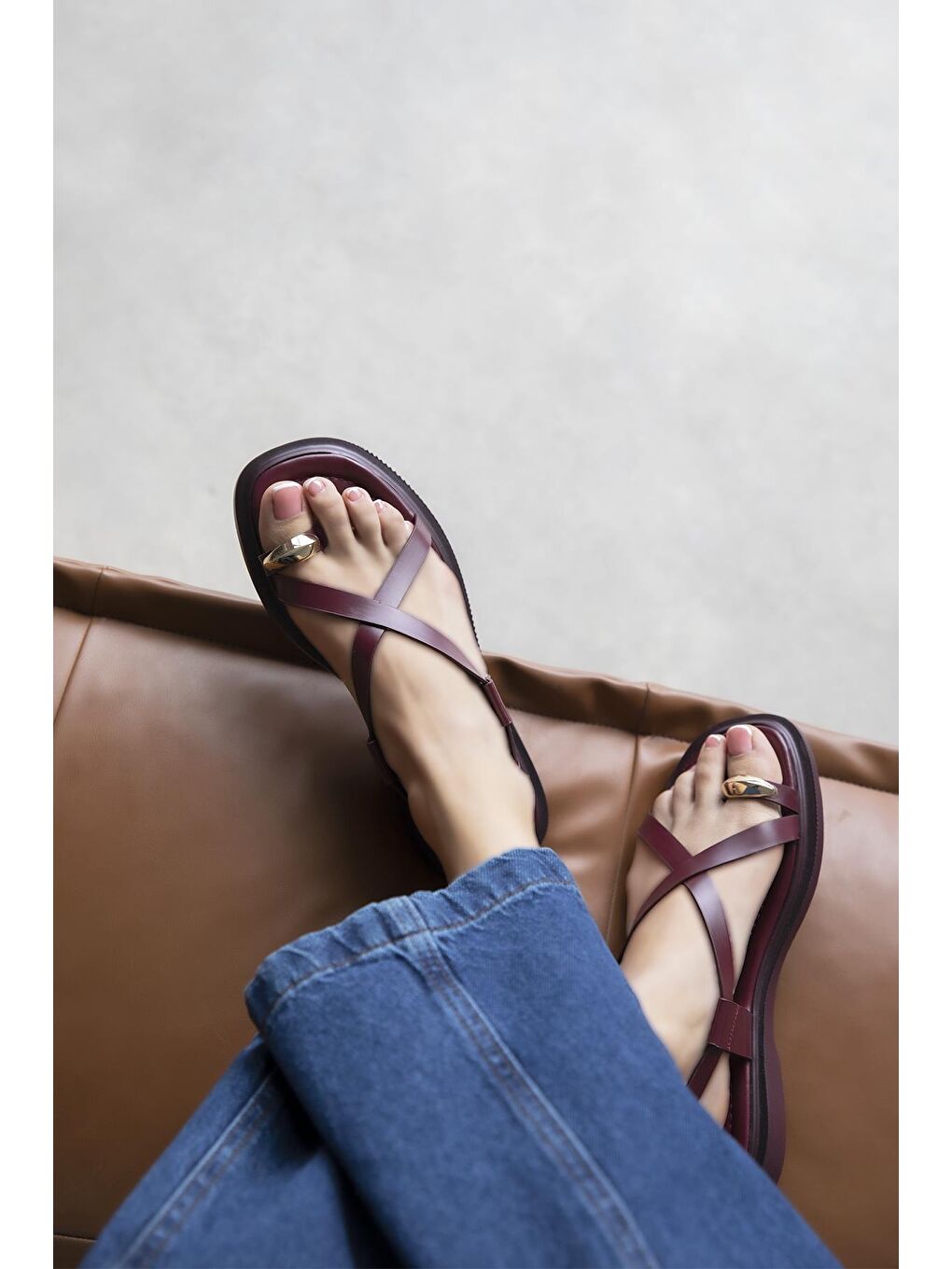Puket Kadın Parmak Arası Deri Sandalet Bordo-2