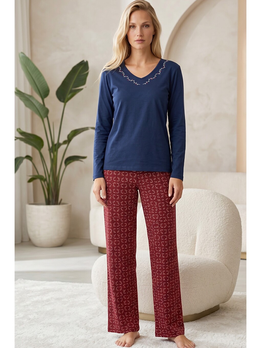 Lacivert Pamuklu Elastanlı Örme Pijama Takım26240294-1