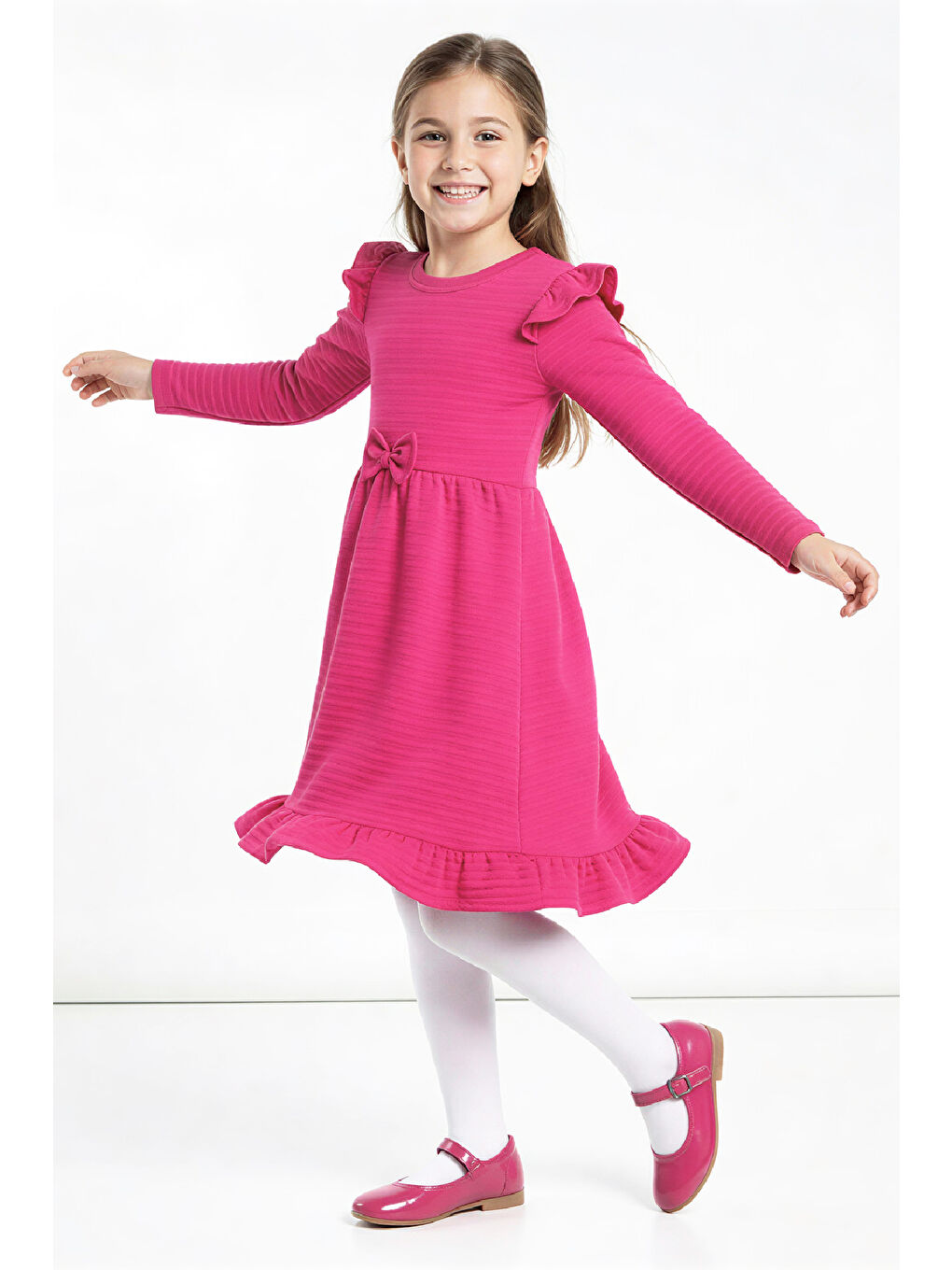 Fuşya Kız Çocuk Elbise -Fırfır Omuzlu-Fiyonk Detaylı 2-10 Yaş 12531