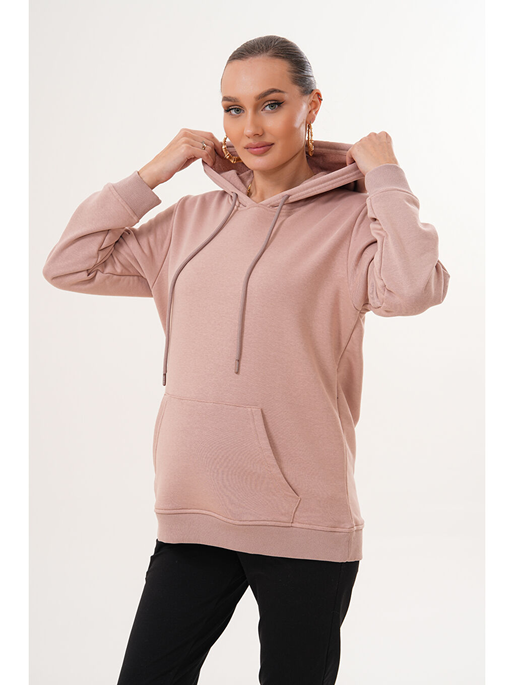Pembe %100 Pamuk Hamile ve Lohusa Basic Kapüşonlu Sweatshirt-3