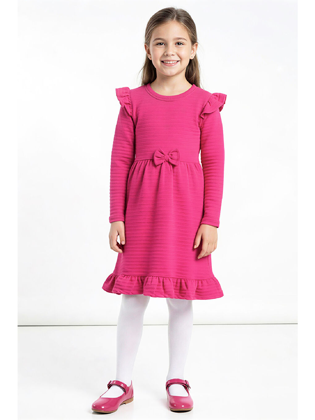 Fuşya Kız Çocuk Elbise -Fırfır Omuzlu-Fiyonk Detaylı 2-10 Yaş 12531-1