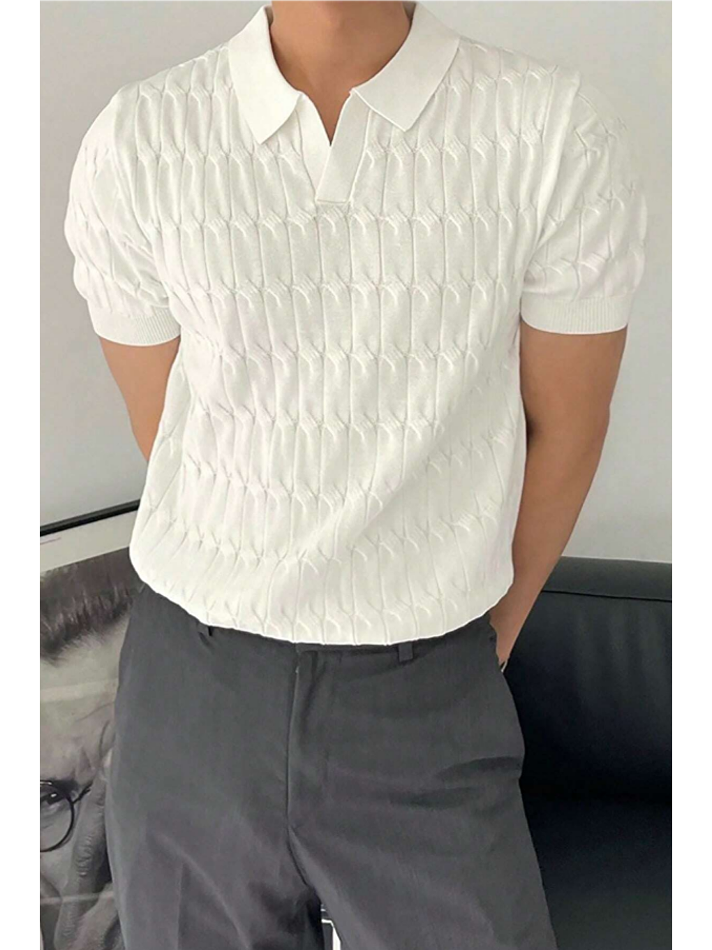 Beyaz Erkek İnce Saç Örgülü Standart Fit Polo Yaka Triko Tişört