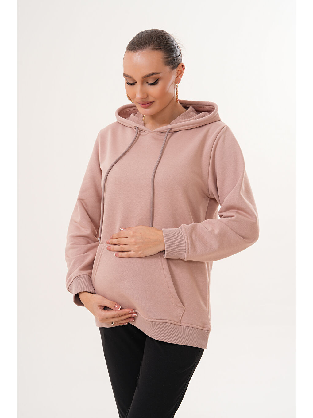 Pembe %100 Pamuk Hamile ve Lohusa Basic Kapüşonlu Sweatshirt-4