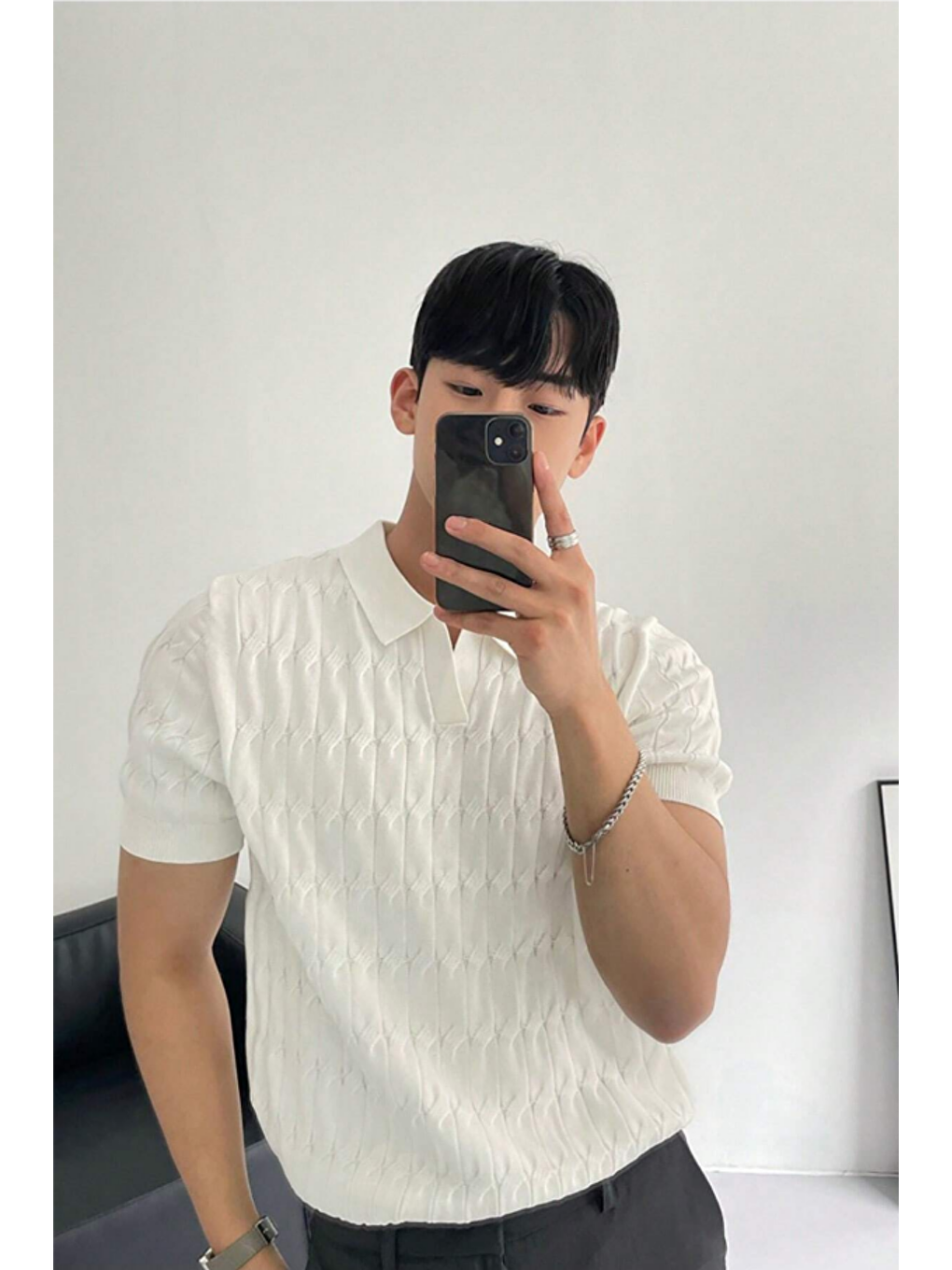 Beyaz Erkek İnce Saç Örgülü Standart Fit Polo Yaka Triko Tişört-2