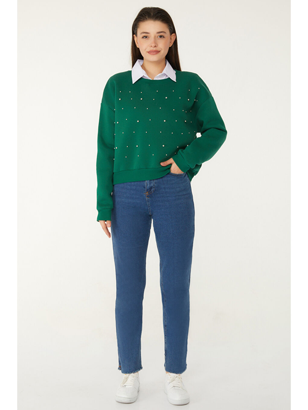 Yeşil Boncuklu Sweatshirt Zümrüt - 26541