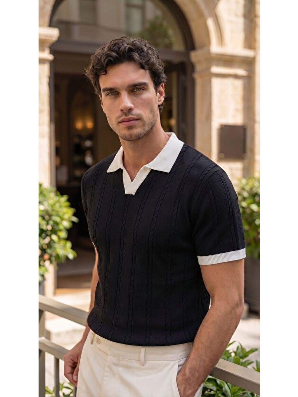 Siyah Erkek Örgü Desen Yakalı Kısa Kollu Triko Tişört %100 Pamuk-1