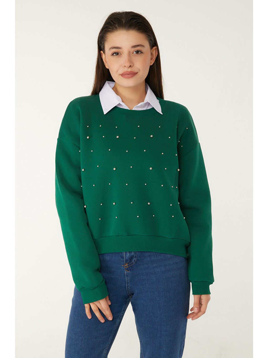 Yeşil Boncuklu Sweatshirt Zümrüt - 26541-1