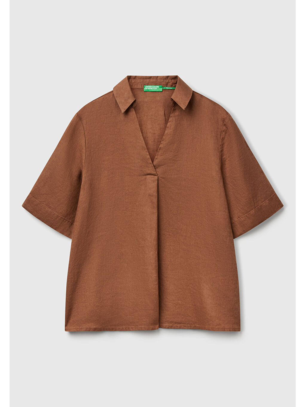 Kadın Kahverengi %100 Keten Relax Fit V Gömlek Yakalı Kısa Kollu Bluz-1