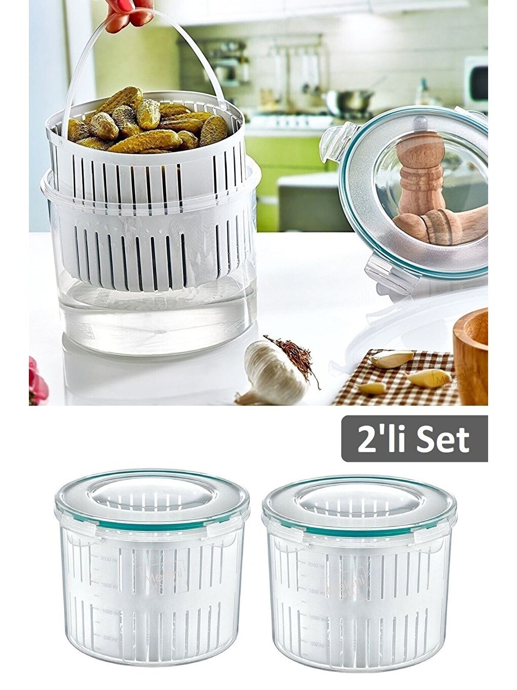 Renksiz 2'li Set Süzgeçli Turşuluk Zeytin Turşu Saklama Kabı 2,5 lt lt