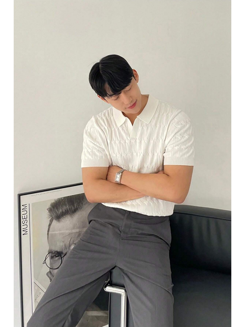 Beyaz Erkek İnce Saç Örgülü Standart Fit Polo Yaka Triko Tişört-3