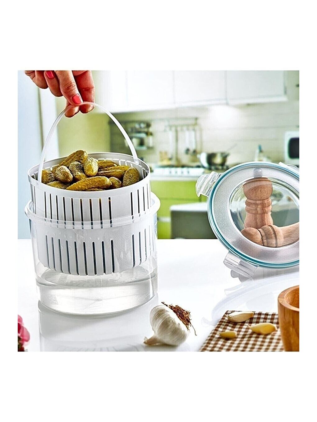 Renksiz 2'li Set Süzgeçli Turşuluk Zeytin Turşu Saklama Kabı 2,5 lt lt-1