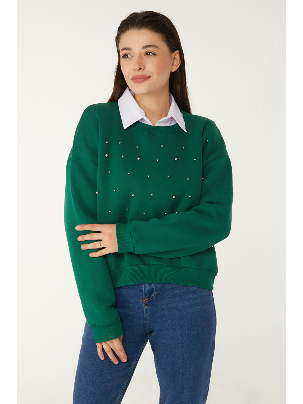 Yeşil Boncuklu Sweatshirt Zümrüt - 26541-2