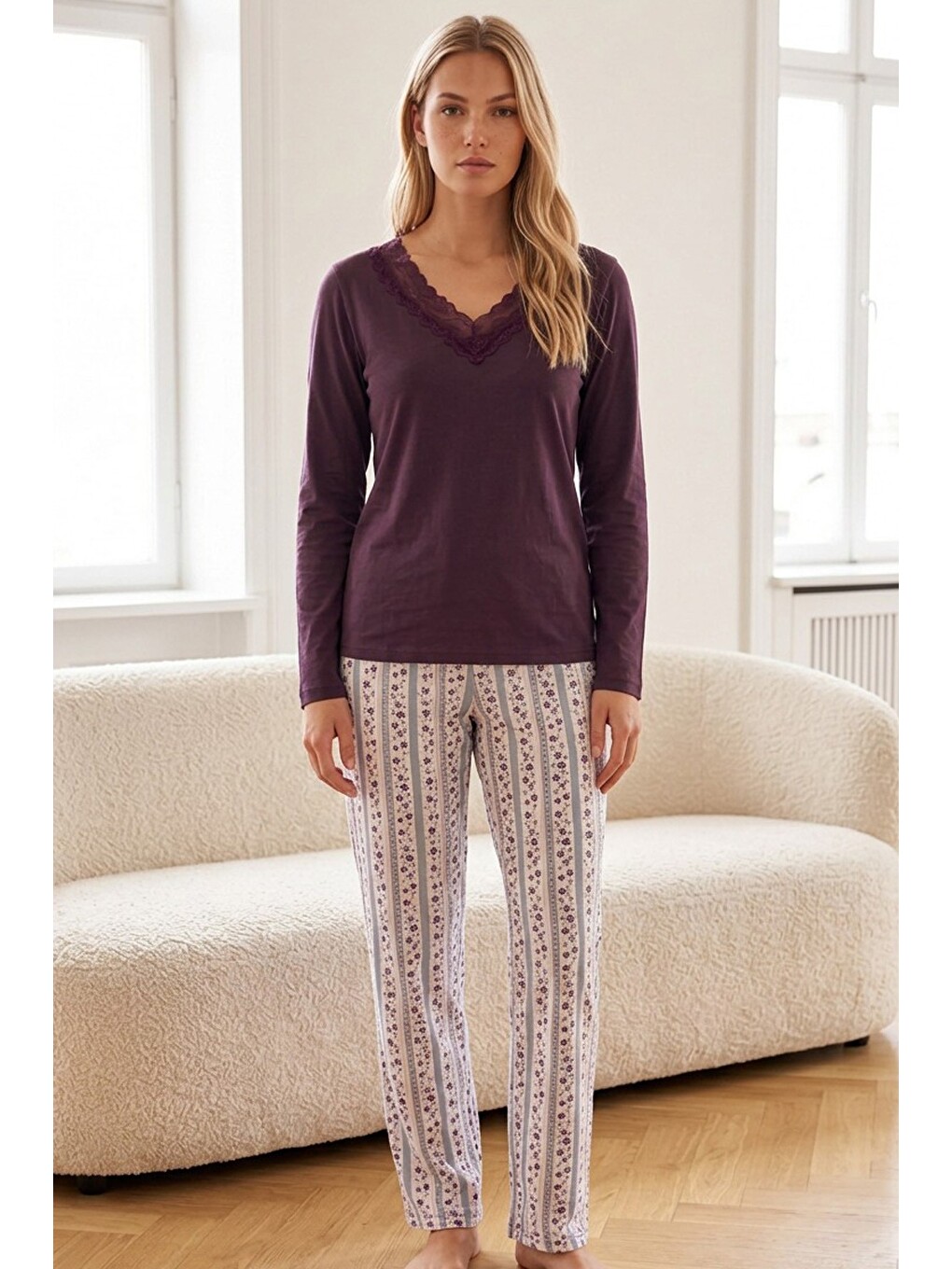 Mürdüm Dantelli Pamuklu Elastanlı Örme Pijama Takım26240360-1