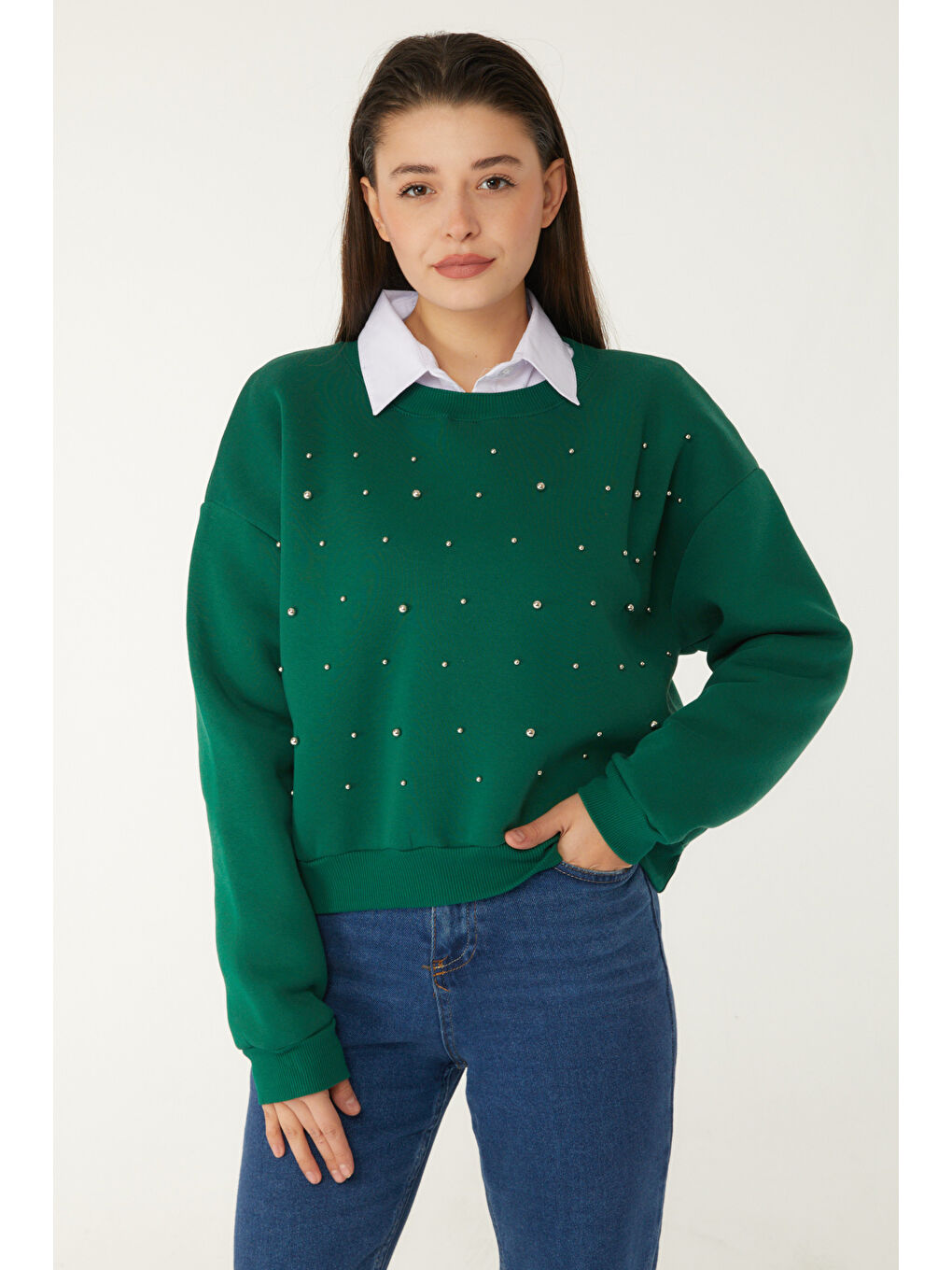 Yeşil Boncuklu Sweatshirt Zümrüt - 26541-3