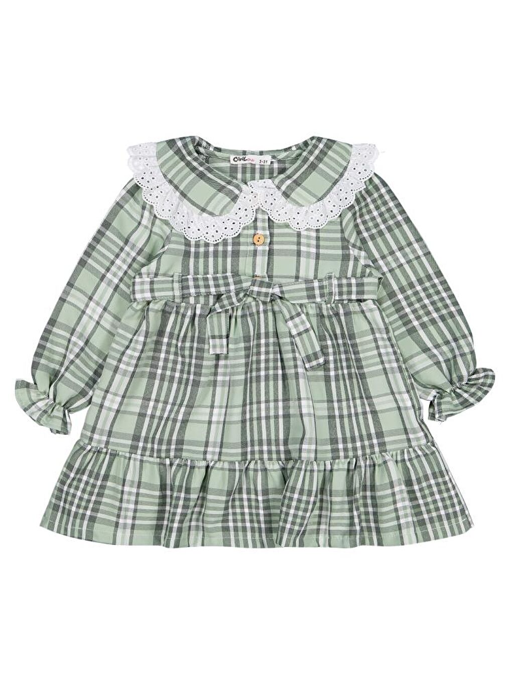 Girls Ekose Desenli 2-5 Yaş Elbise - Yeşil 5-6 Yaş