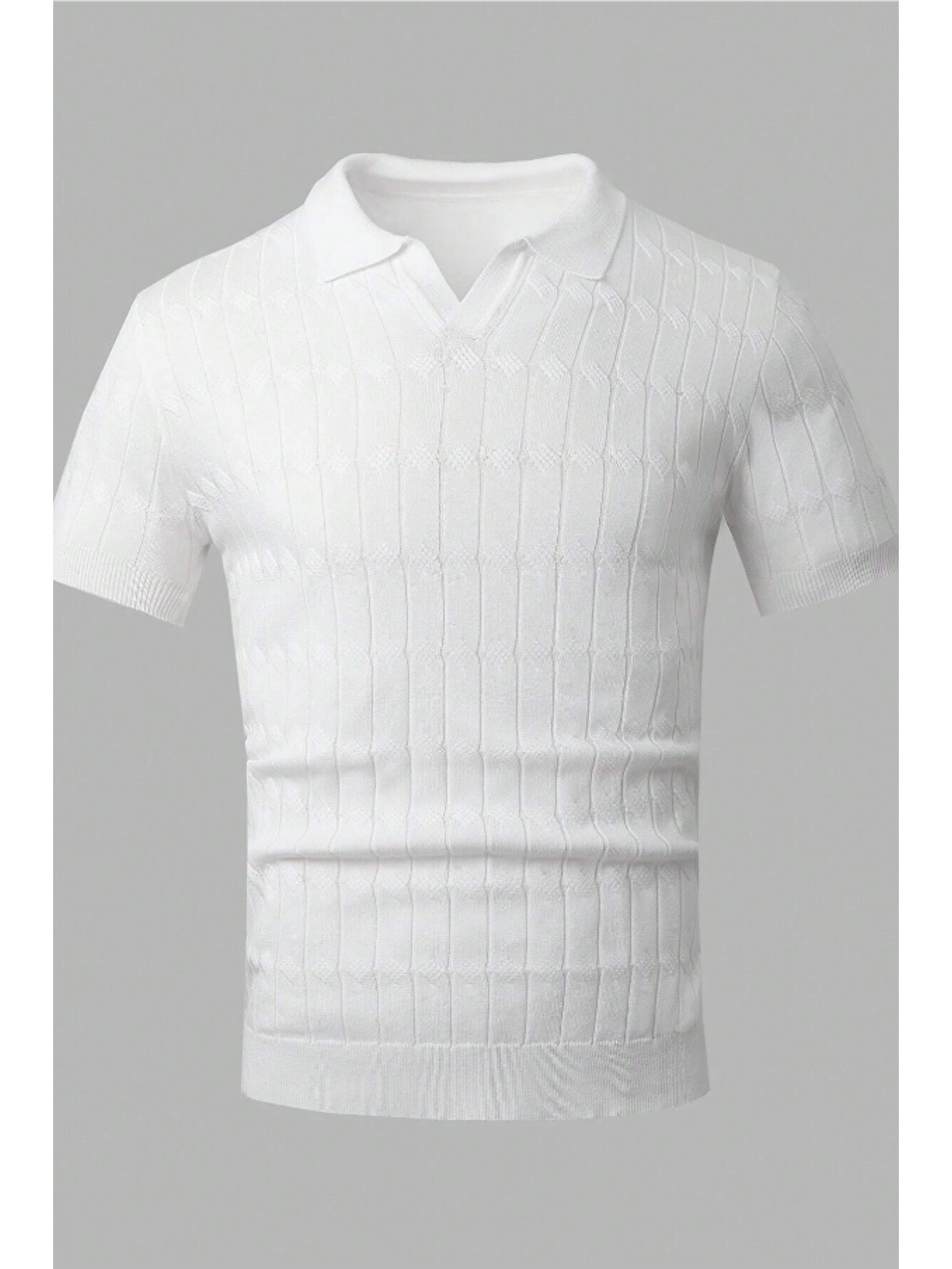 Beyaz Erkek İnce Saç Örgülü Standart Fit Polo Yaka Triko Tişört-4