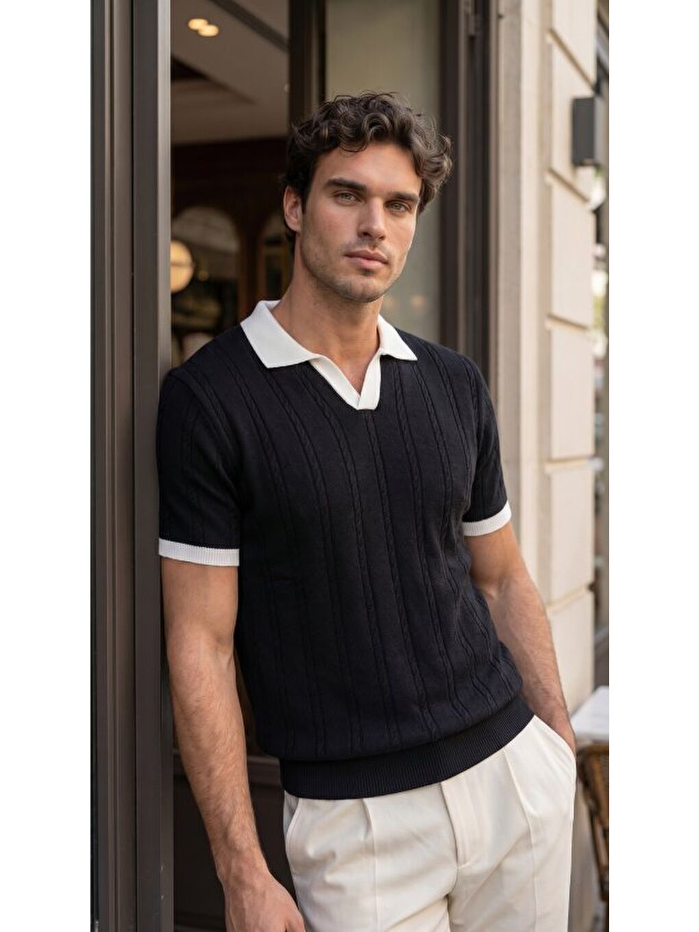 Siyah Erkek Örgü Desen Yakalı Kısa Kollu Triko Tişört %100 Pamuk-2