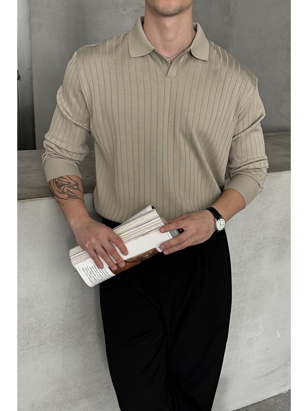 Bej Erkek Polo Yaka Fitilli Oversize Triko Kazak