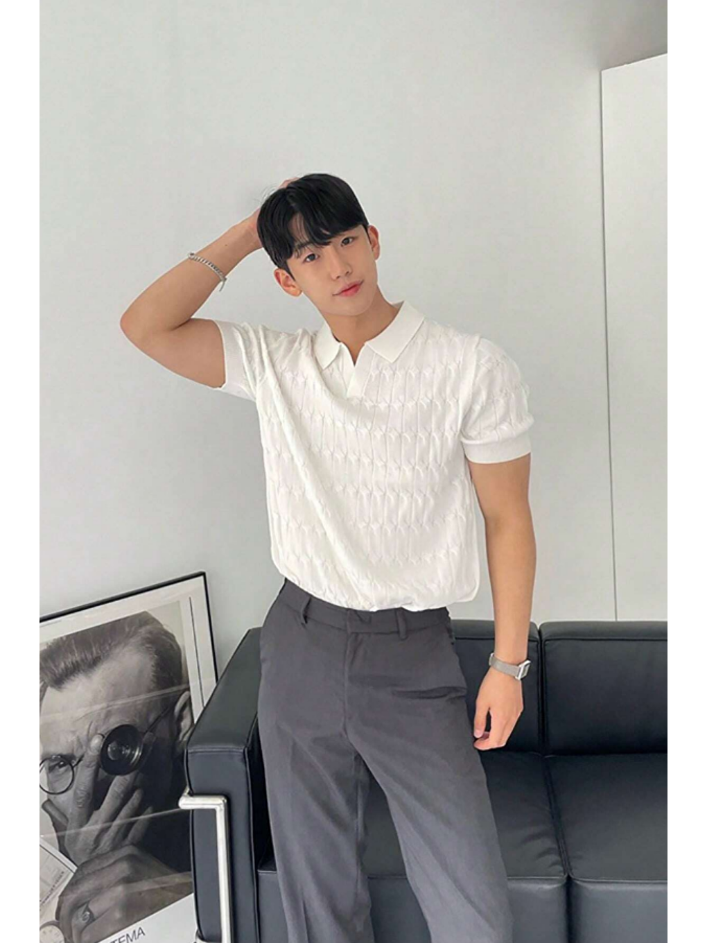 Beyaz Erkek İnce Saç Örgülü Standart Fit Polo Yaka Triko Tişört-5