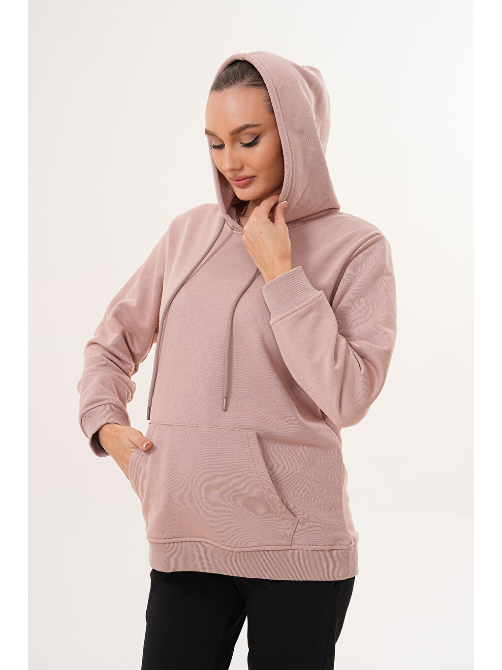Pembe %100 Pamuk Hamile ve Lohusa Basic Kapüşonlu Sweatshirt-6
