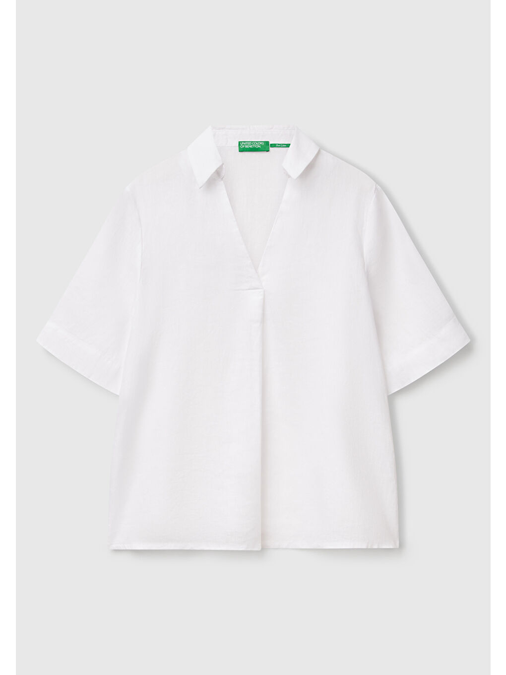 Kadın Beyaz %100 Keten Relax Fit V Gömlek Yakalı Kısa Kollu Bluz-1