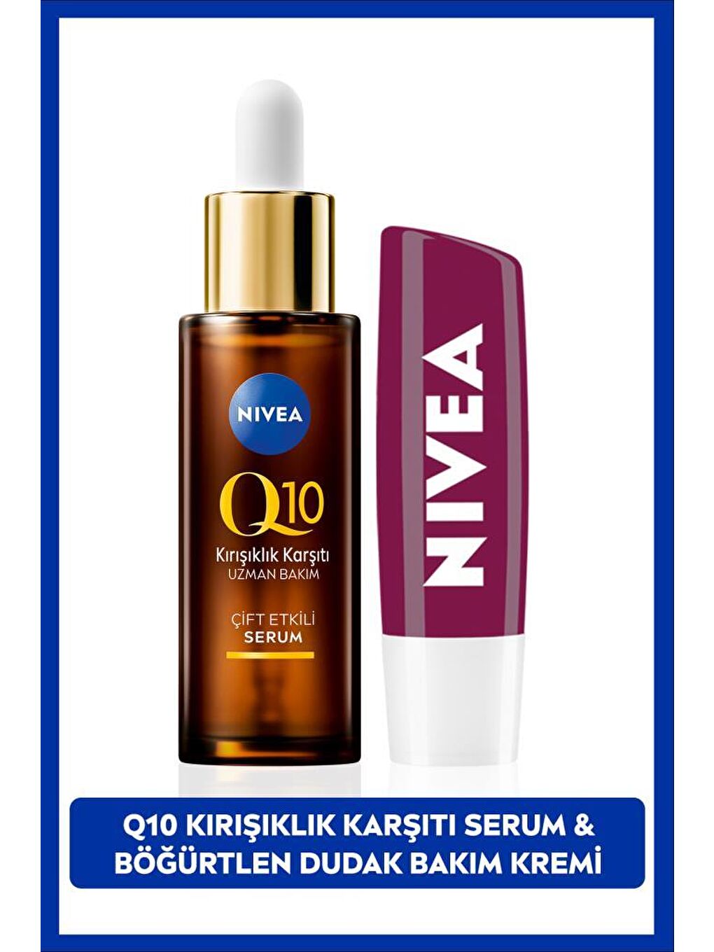 NIVEA Şeffaf Q10 Kırışıklık Karşıtı Çift Etkili Cilt Serumu 30ml, Böğürtlen Işıltılı Dudak Bakım Kremi