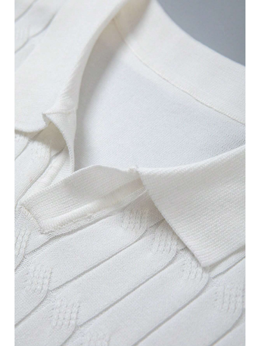 Beyaz Erkek İnce Saç Örgülü Standart Fit Polo Yaka Triko Tişört-6