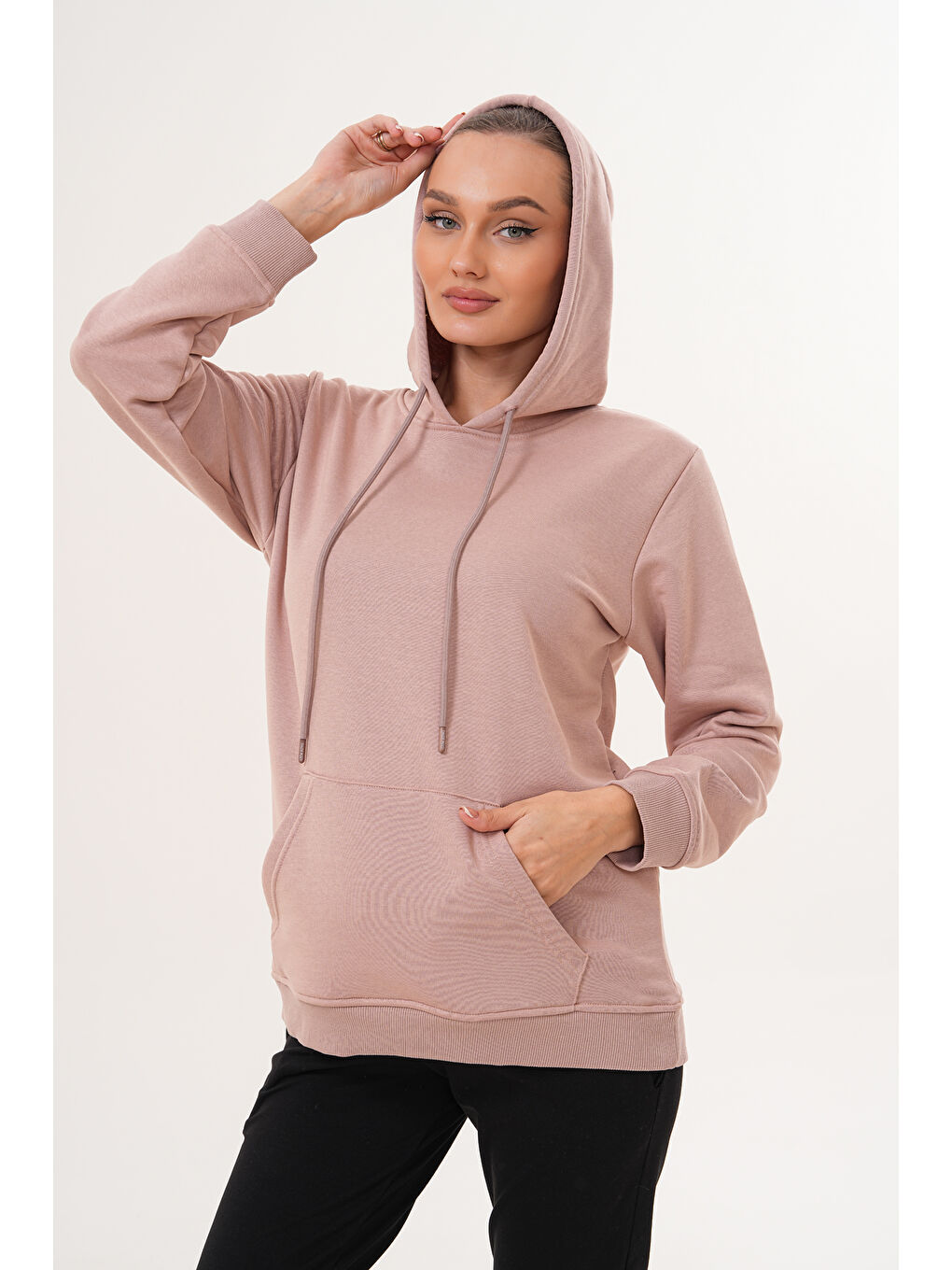Pembe %100 Pamuk Hamile ve Lohusa Basic Kapüşonlu Sweatshirt-7