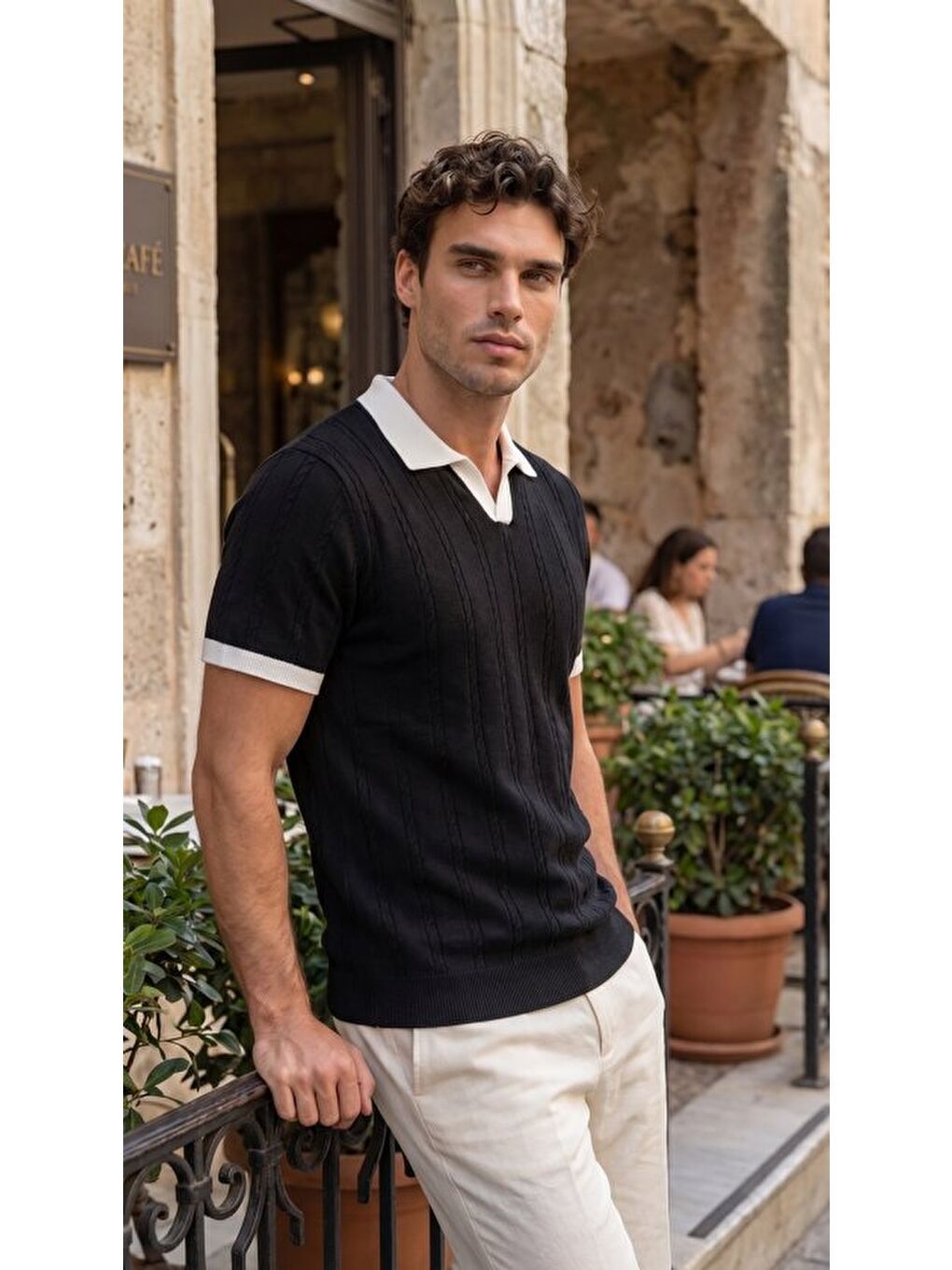 Siyah Erkek Örgü Desen Yakalı Kısa Kollu Triko Tişört %100 Pamuk-3