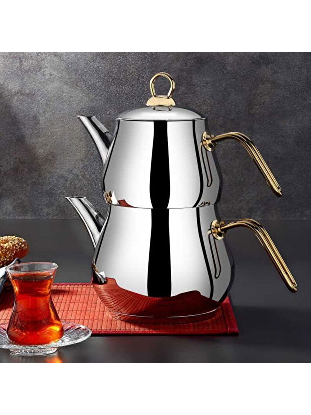 Çayeli Aile Çelik Çaydanlık Takımı - Gri / Gold - 2 lt + 1,2 lt