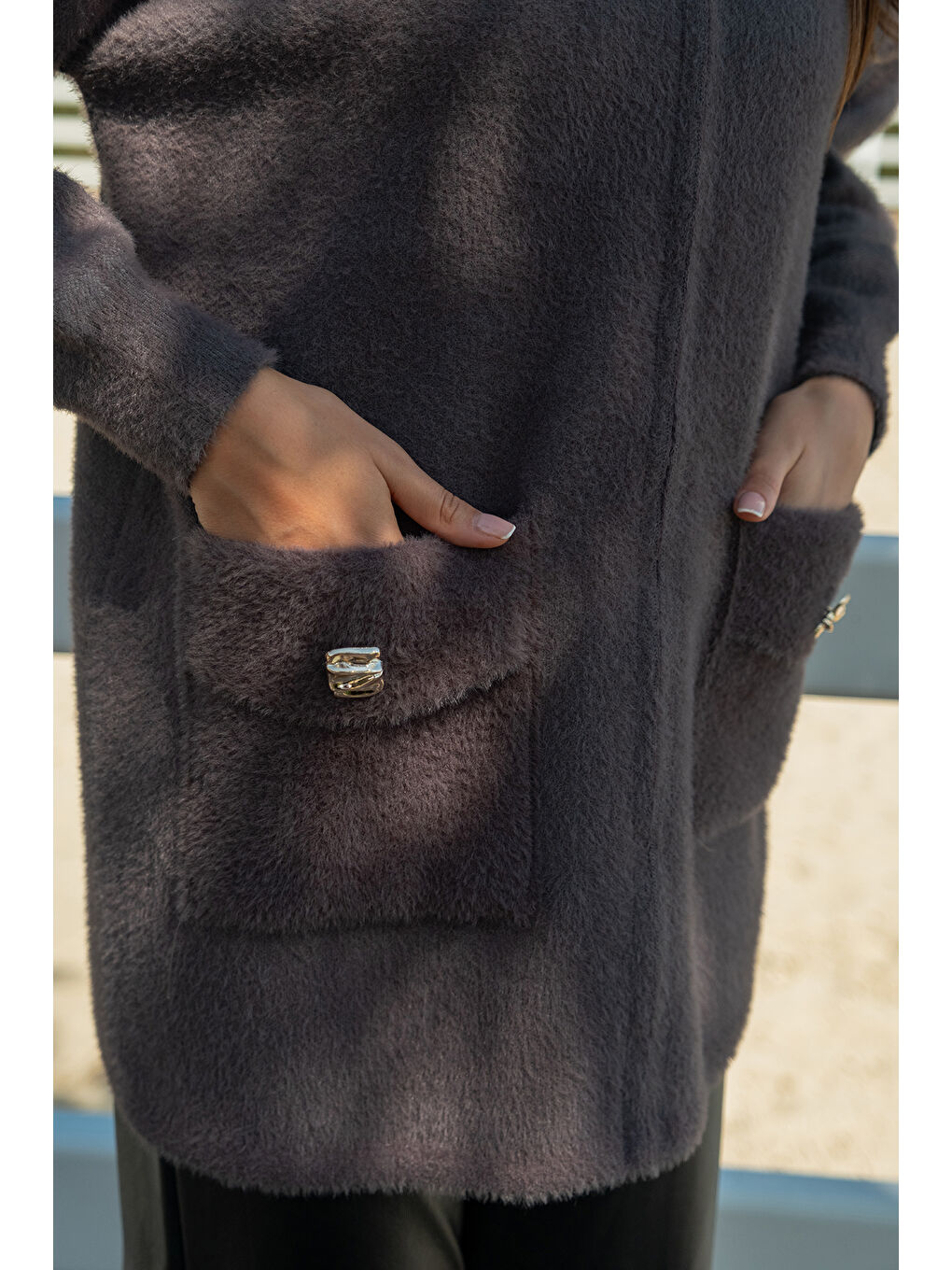 Gri Kadın Fermuarlı Triko Ceket Füme-4