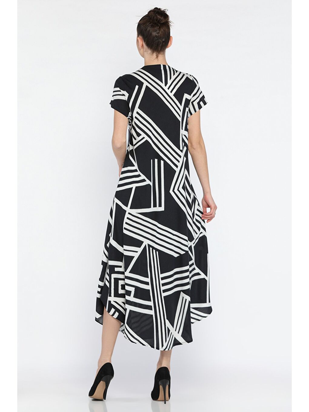 Siyah Kadın V Yaka Desenli Salaş Elbise-2