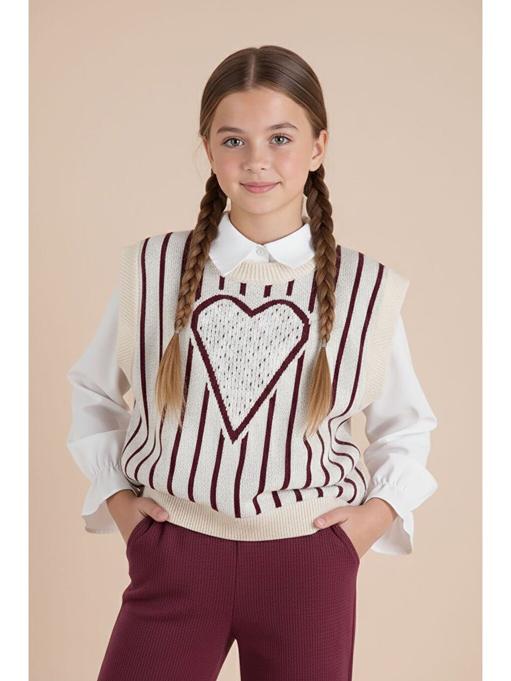 Bordo Kalp Desen Süveterli Gömlekli Kız Çocuk Pantolonlu 3lü Takım 23735-3