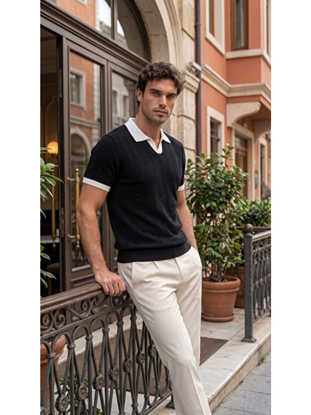 Siyah Erkek Örgü Desen Yakalı Kısa Kollu Triko Tişört %100 Pamuk-4