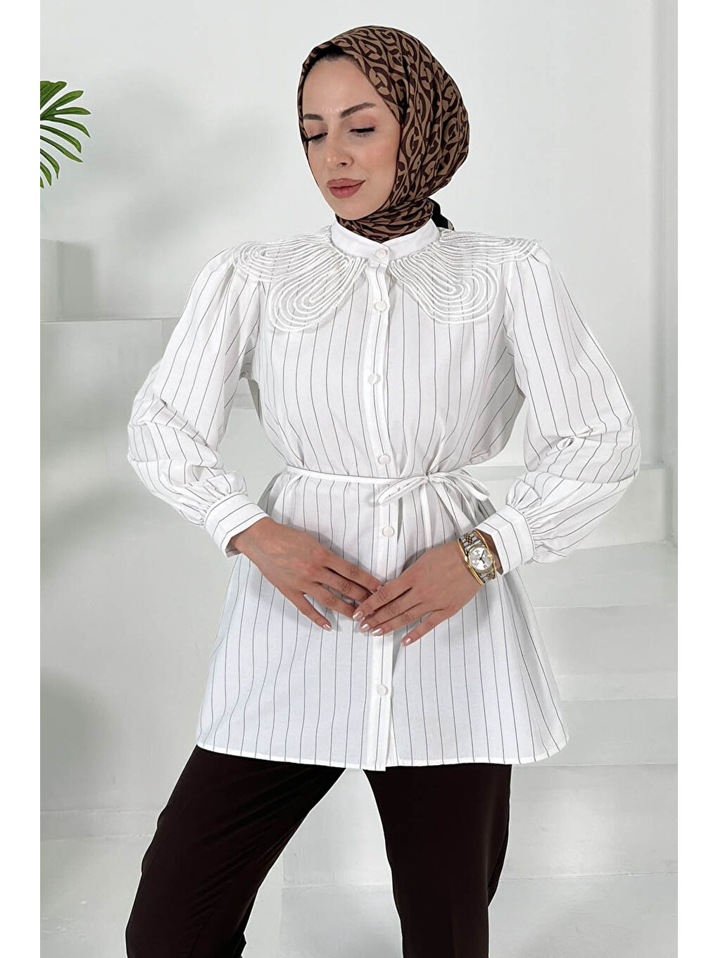Çizgili Tunik Beyaz - 27000-1