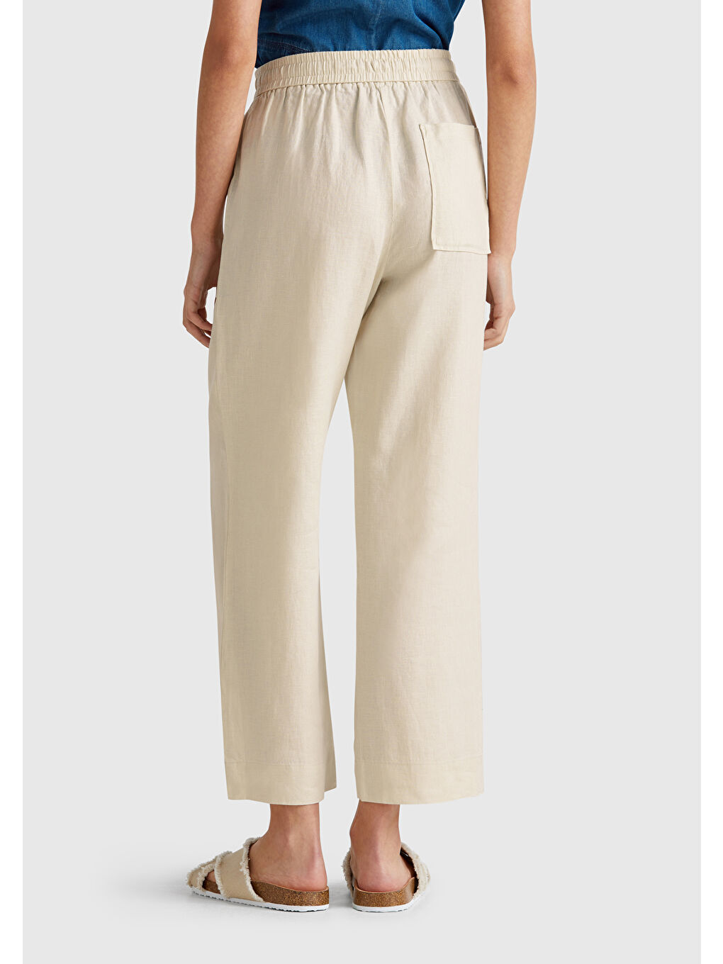 Bej Kadın Taş Rengi %100 Keten Büzgü İpli Cepli Sigaret Pantolon-2