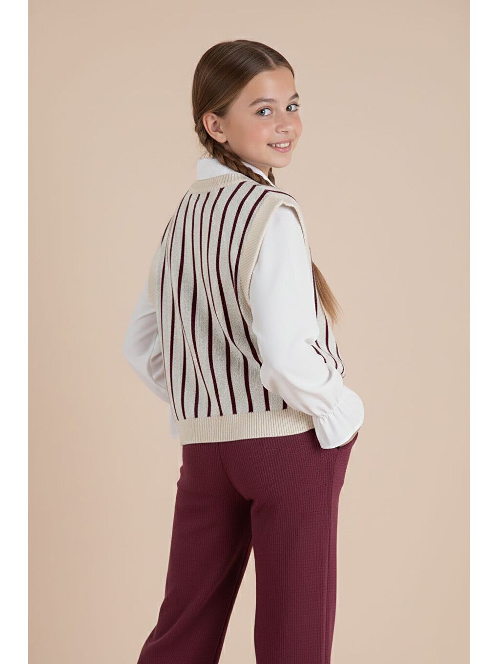 Bordo Kalp Desen Süveterli Gömlekli Kız Çocuk Pantolonlu 3lü Takım 23735-4