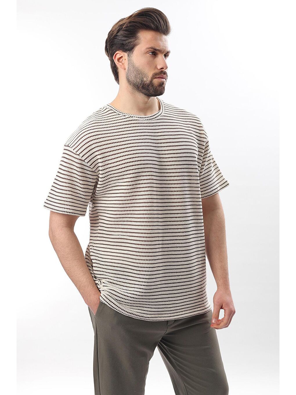 Kahverengi Bisiklet Yaka Pamuklu Çizgili Erkek Tişört E7121-3