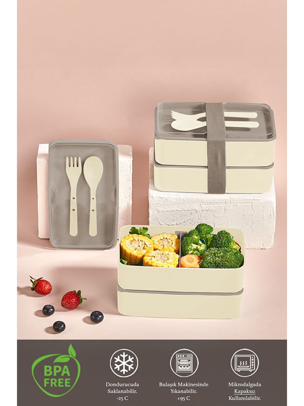 2 Katlı Ayarlanabilir Dikdörtgen Beslenme Kabı Çatal Kaşık Servisli Yemek Saklama Kutusu Bej-1