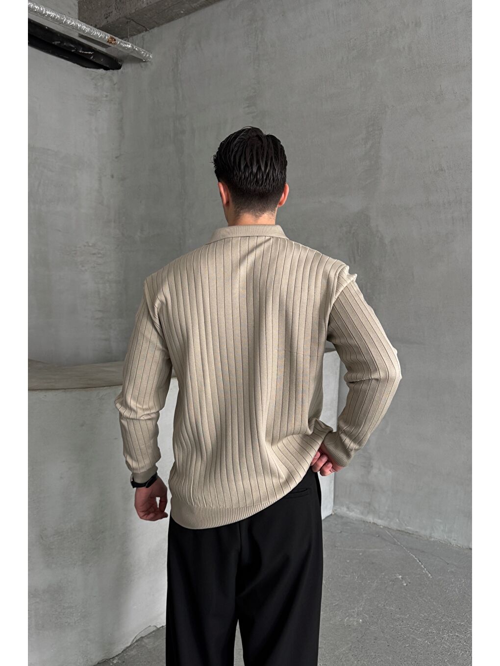 Bej Erkek Polo Yaka Fitilli Oversize Triko Kazak-3