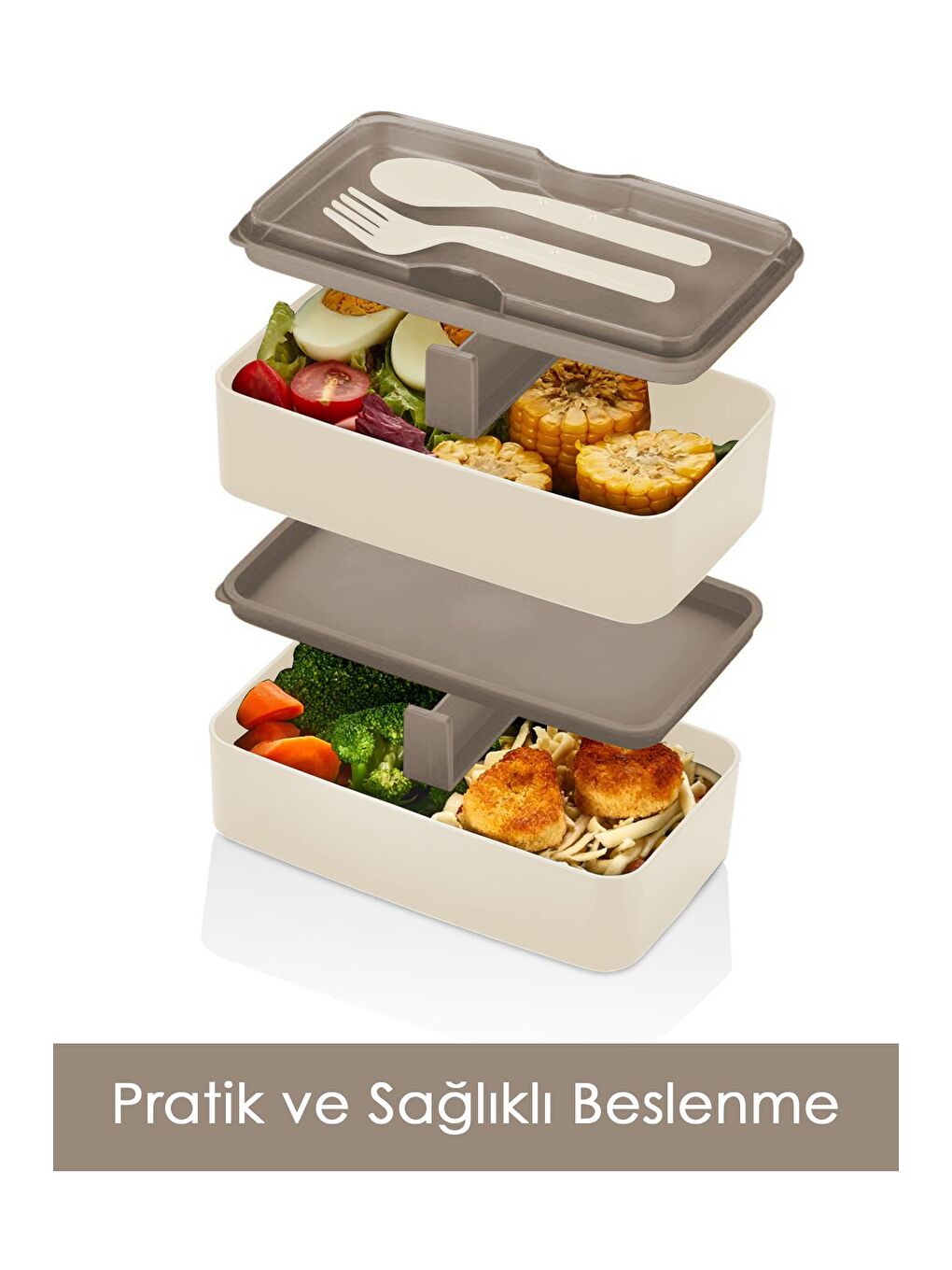 2 Katlı Ayarlanabilir Dikdörtgen Beslenme Kabı Çatal Kaşık Servisli Yemek Saklama Kutusu Bej-2