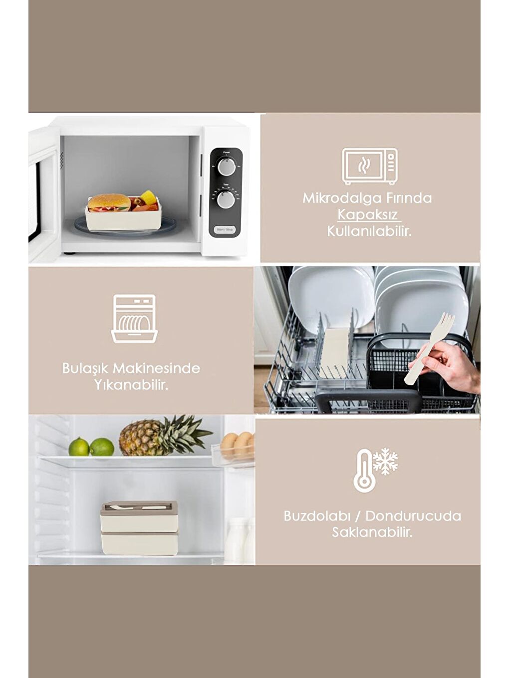 2 Katlı Ayarlanabilir Dikdörtgen Beslenme Kabı Çatal Kaşık Servisli Yemek Saklama Kutusu Bej-3