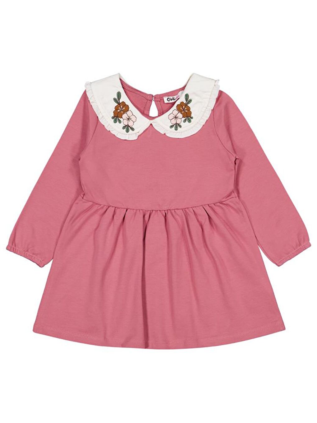 Girls Yakası Nakışlı 2-5 Yaş Elbise - Pembe 5-6 Yaş
