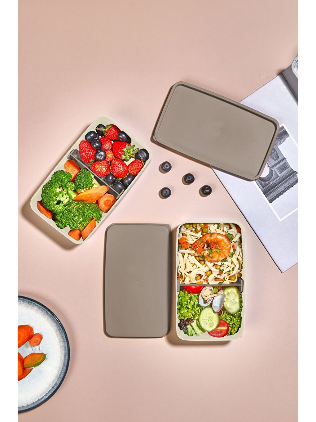 2 Katlı Ayarlanabilir Dikdörtgen Beslenme Kabı Çatal Kaşık Servisli Yemek Saklama Kutusu Bej-4