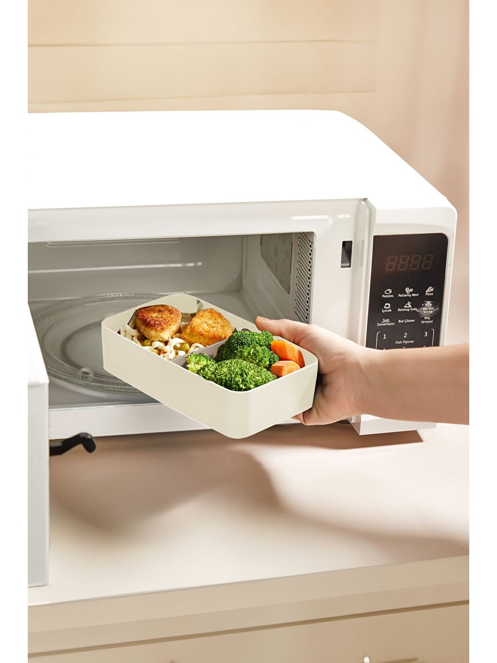 2 Katlı Ayarlanabilir Dikdörtgen Beslenme Kabı Çatal Kaşık Servisli Yemek Saklama Kutusu Bej-6