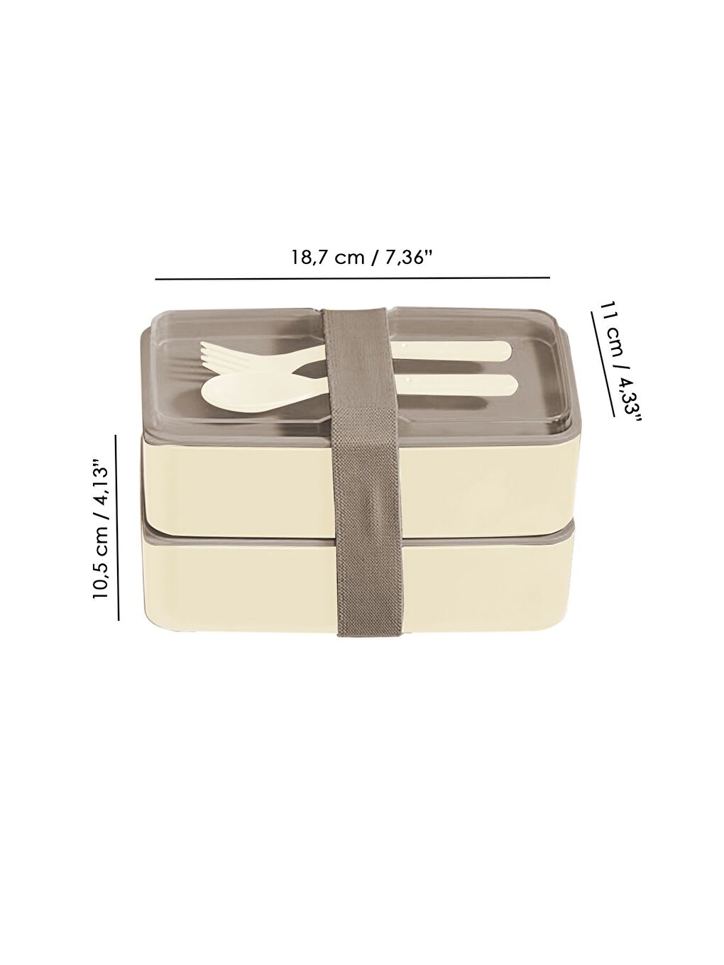 2 Katlı Ayarlanabilir Dikdörtgen Beslenme Kabı Çatal Kaşık Servisli Yemek Saklama Kutusu Bej-7