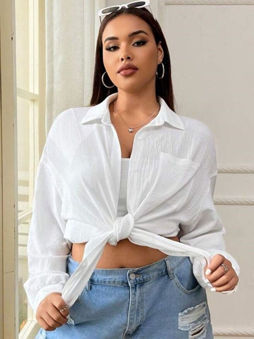 Kadın Beyaz Cepli Bürümcük Oversize Gömlek